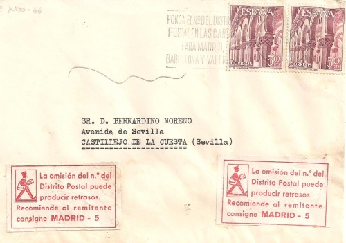 Etiqueta auxiliar. Remitente. Ponga Distrito Postal. Madrid-5. 1966-05-03. MINGZARO.jpg