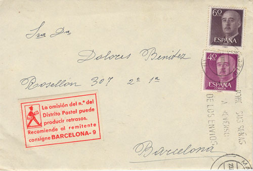 Etiqueta auxiliar. Remitente. Ponga Distrito Postal. Barcelona-9. MATRIX.jpg