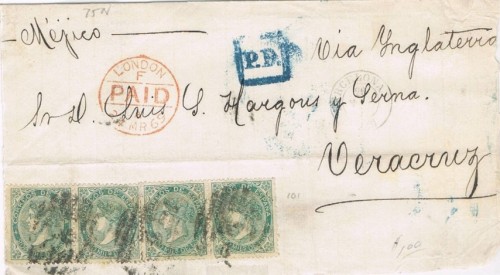 Carta Barcelona a Veracruz via Londres, 4 sellos 200 mils num 100