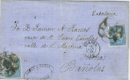 Carta GERONA doble porte num 75, remitida de Barcelona es matasellada en transito por Gerona