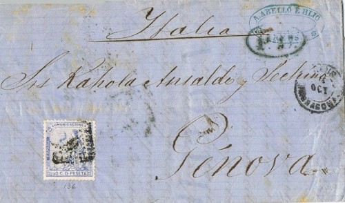 Carta REUS, num 137 tarifa a Italia<br />Fechador palo recto