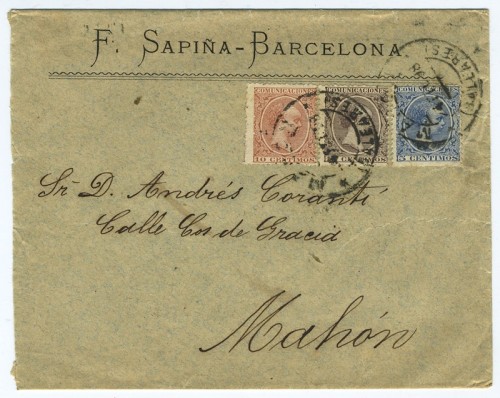 Carta hasta 30 gramos desde Barcelona a Mahón del 24 de febrero de 1898, <br />franqueo de tres colores (10+15+5) y matasellado a la llegada. <br />(Colección buzones)