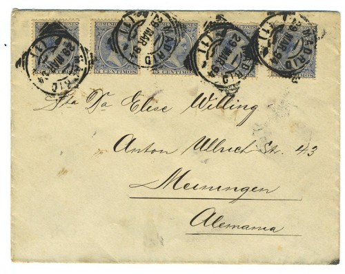 Carta desde Madrid a Meiningen en Alemania, enviada el 24 de marzo de 1894. <br />Espectacular franqueo multiple con cinco sellos de 5 céntimos, inutilizados con <br />el &quot;ensayo de Madrid&quot;. (Colección buzones)