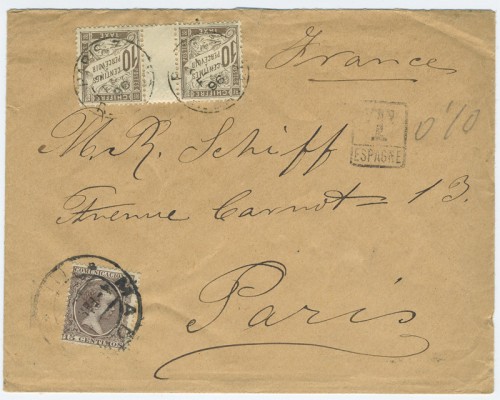 Carta del 4 de febrero de 1896 desde Madrid a Paris, franqueada con un sello de 15 c de &quot;Pelón&quot; <br />en vez de los 25 c para cartas al extranjero. El destinatario tuve que pagar 20 céntimos franceses <br />(el doble del déficit de 10 c), recaudado con una pareja de sellos de tasa de 10 c con un &quot;pasillo&quot;. <br />(Colección buzones)
