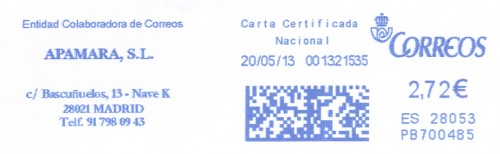 Franqueo digital. Azul. PB700485. 28053. Carta certificada nacional. 2013-05-20.jpg