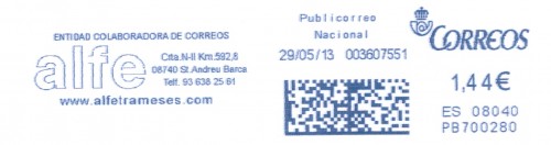 Franqueo digital. Azul. PB700280. 08040. Publicorreo nacional. 2013-05-29.jpg
