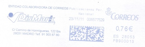 Franqueo digital. Azul. PB900013. 28053. Publicciones Per Nacional. 2011-11-23.jpg