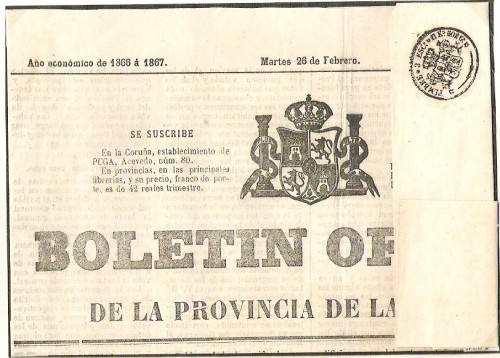 1867.La Coruña.Timbre de: 3 Esc(udos).11ks(Kilos).502 Grs.