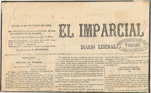 Madrid.1883.Desde el 21 de Julio de 1876 se le conde a el Impacial el &quot;privilegio&quot;de poder estampar el directamente en sus talleres el timbre sin necesidad de llevar las resmas a hacienda.