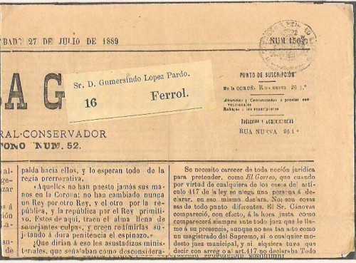 La Coruña.1889.Diario &quot;La Prensa Gallega&quot;.Timbre 3 Pts.10 Klg.