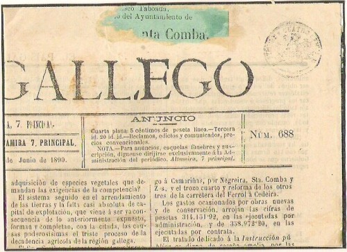 Santiago de Compostela.1890.Diario &quot;El Pais Gallego&quot;.Timbre &quot;Cuatro Centimos&quot;.