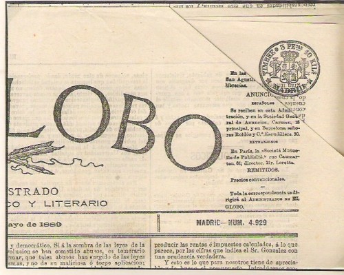 Madrid.1889.Periodico &quot;El Globo&quot;.Timbre 3 PEtas 10 Kils
