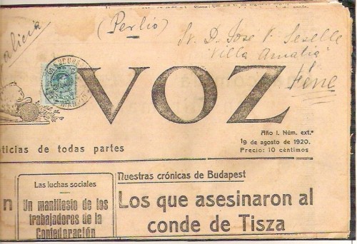 A pesar de existir los franqueos concertados se usaban tambien los sellos para el franqueo de periodicos.Madrid,1920.Periodico&quot;La Voz&quot;.