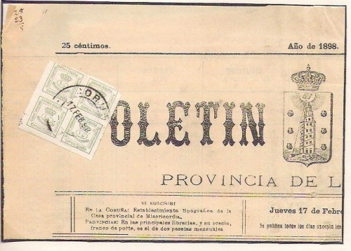 La Coruña.1898.Boletin Oficial circulado con 4 sellos de 1/4 en lugar de ir timbrado.