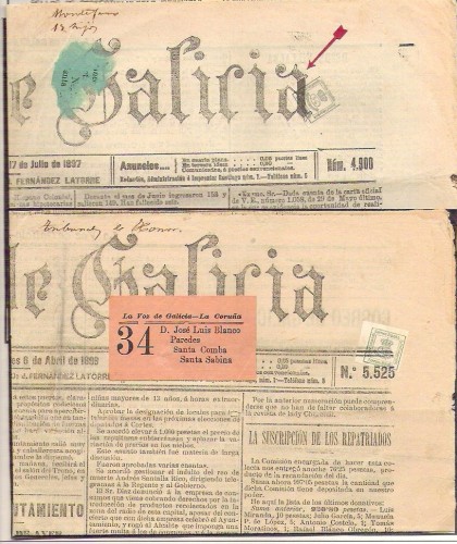 La Voz de Galicia(La Coruña),1897 y 1899.Ejemplares con el sello sobreimpreso por la tipografia del periodico(Ya habia subido dos ejemplares pero en estos se aprecia mejor la sobreimpresion).
