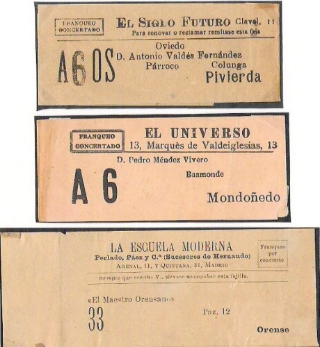 Fajas de Franqueo Concertado con diversos numeros de caja.