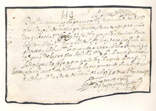 1678:Recibo dado en la villa de Ares(La Coruña)por Domingo de Arbeas ,correo de a pie de la ciudad de Betanzos,de la que trajo una orden