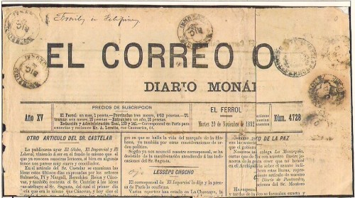 Ferrol.29 de Noviembre.1892.Ejemplar de El Correo Gallego.Presenta la anomalia de que el timbre figura el nombre la poblacion(Ferrol).Como curiosidad tiene mas de 12 matasellos &quot;trebol&quot;de Negreira.