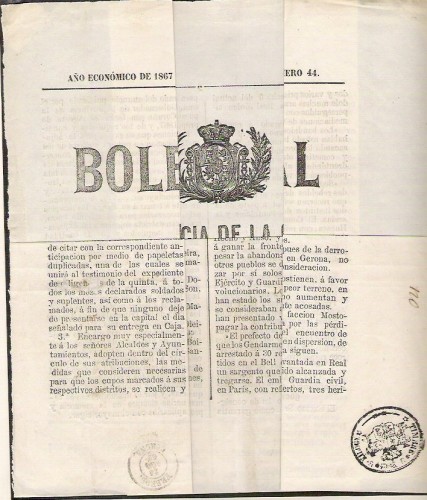 1867.Ejemplar del Boletin Oficial de La Coruña enviado a Ferrol.Timbrado y respaldado con fechador de llegada.