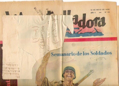 15.May.1938.Periodico la Ametralladora enviado desde Toledo a Castro(Naron).Presenta como curiosidad(no lo puedo scanear pues es tamaño sabana)que la ilustracion de la portada se titula &quot;Ha llegado el correo&quot;.Otra curiosidad es que fue enviado por Pedro Muñoz que habia sido uno de los que resistieron en el sitio del Alcazar de Toledo.
