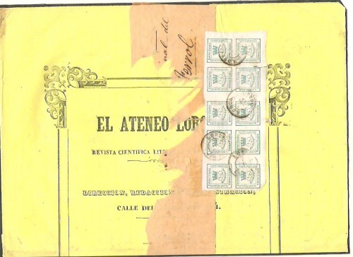 Revista del Ateneo Lorquino enviada a Ferrol franqueada con bloque de 10 sellos de 1/4.