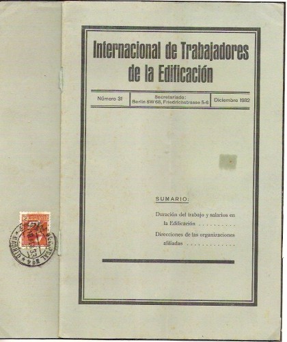 1932.Revista de la &quot;Internacional de trabajadores de la edificacion.Circulada desde Madrid franqueo 2 cts.
