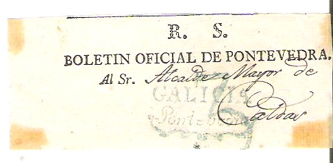 Fragmento de Faja de prensa :Real Servivio.Boletin Oficial de Pontevedra-Marca prefilatelica de pontevedra y porteo 3 ¿No deberia de ir Franca?