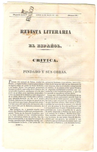 Madrid,Lunes 10.Mayo.1847.Ejemplar de la &quot;Revista Literaria de EL ESPAÑOL&quot;-M/FRANCO.