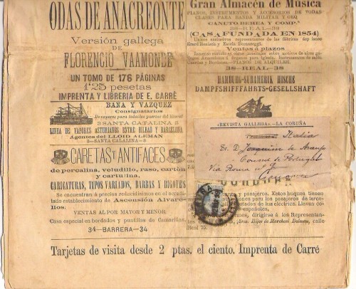 La Coruña,Domingo,5 de Febrero 1899.Ejemplar,completo,del raro semanario&quot;Revista Gallega&quot;.circulado a Genova.