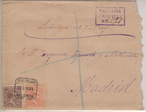 Carta certificada pelonesa fechada el 23 de diciemrbe de 1889, cuando la emsión apenas llevaba dos meses en vigor.