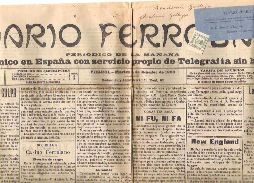 Cabecera del Diario de Ferrol con etiqueta de Franqueo concertado.