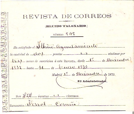 1.872.Recibo de suscripcion por un trimestre a la revista de correos(2 Pts)