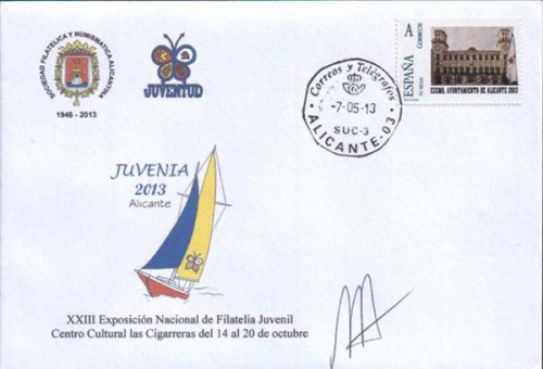 Alicante. 2013. Juvenia 2013. Recepción bandera. 2013-05-07. Sobre matasellado.jpg