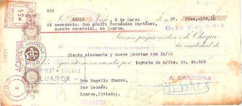 Letra de cambio girada por A.Cardona(este si es titular de la maquina)con franqueo mecanico en lugar de poliza.