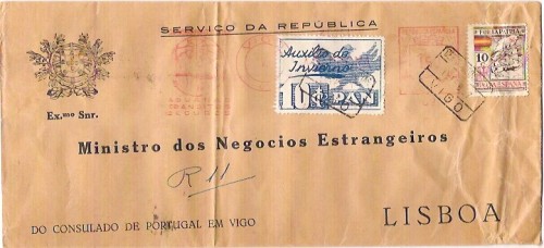 Carta del Consulado de Portugal en Vigo con franqueo de A.Cardona.