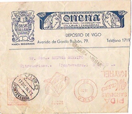 Carta Vigo-Bueu del Deposito de Bolsas ONENA con franqueo de conservas masso