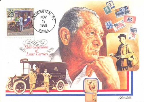 Maximum card with Classic Mail Transportation stamp commemorating 20th Universal Postal Congress. Three generations of letter carriers are shown: an 1890s mailman, a group with a 1920s mail wagon, and a contemporary postal carrier.