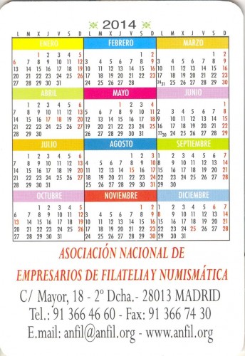 Madrid. 2013. Convención Navidad FILATELIA 2013. Calendario 2014 de Anfil. Reverso. Baja.jpg