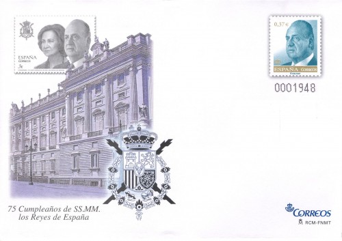 Madrid. 2013. Convención Navidad FILATELIA 2013. Sobre entero postal. 75 cumpleaños de SS. MM. los Reyes de España. Baja.jpg