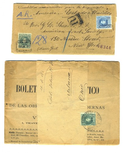 Faja de impreso certificado con acuse de recibo de Valladolid 18.01.1901 a Nueva York, llegada el 1.2.1901<br /><br />Faja de impreso con un número completo del Boletín Bibliográfico de Madrid a Urbana/Ohio el 28.04.1904