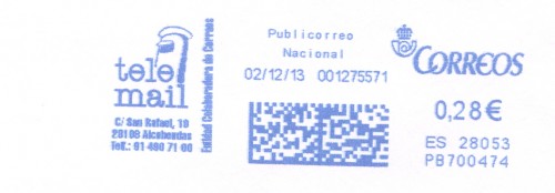 Franqueo digital. Azul. PB700474. 28053. Publicorreo nacional. 2013-12-02.jpg