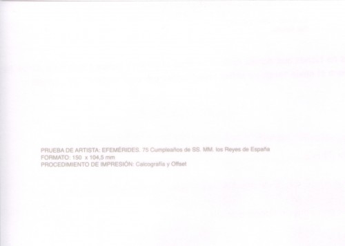 2013-11-05. 75 cumpleaños de los Reyes de España. Prueba de artista. Hojita porotectora.jpg