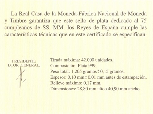 2013-11-05. 75 cumpleaños de los Reyes de España. Prueba de artista. Certificado reverso.jpg
