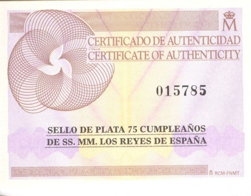 2013-11-05. 75 cumpleaños de los Reyes de España. Prueba de artista. Certificado anverso. Baja.jpg