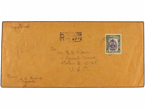 New BORNEO. 1948. Registered cover used to the UNITED STATES franked by single B.M.A. $ 2 violet & olive-green (SG 333), tied by the JESSELTON cds supported by the JESSELTON Registry h-stamp. Arrival backstamps.jpg