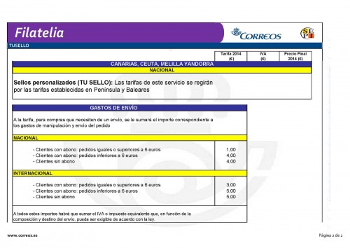 Correos. Tarifas 2014-01-01. Sellos personalizados. Tu sello. Página 2. Baja.jpg