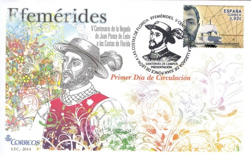 2014-01-03. V Centenario de la llegada de Juan Ponce de León a las costas de Florida. Presentación. 07-02-2014. Sobre matasellado. Baja.jpg