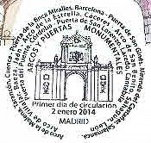 2014-01-02. Arcos y puertas. FDC. Matasellos. Alta.jpg