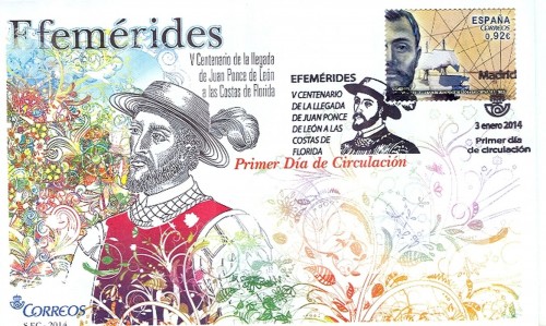 2014-01-03. V Centenario de la llegada de Juan Ponce de León a las costas de Florida. FDC. Alta.jpg