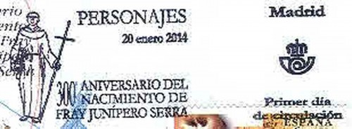 2014-01-20. Fray Junípero Serra. FDC. Matasellos. Alta.jpg